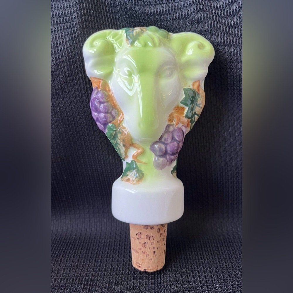 Vintage Cork Wine Stopper Ceramic Sheep Ram Grapes